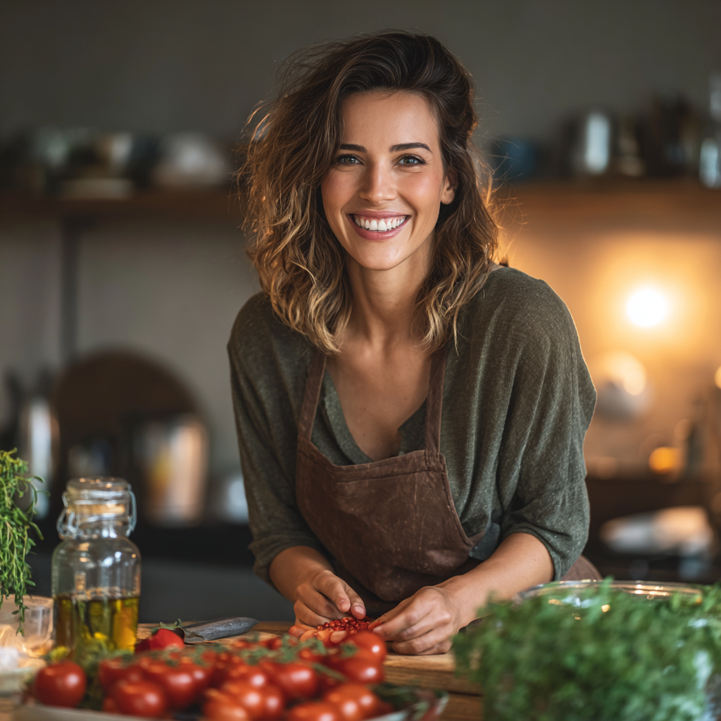 Smiling nutritionist in her 30s with European features holding fresh vegetables and fruits, wearing a white lab coat in a bright modern kitchen