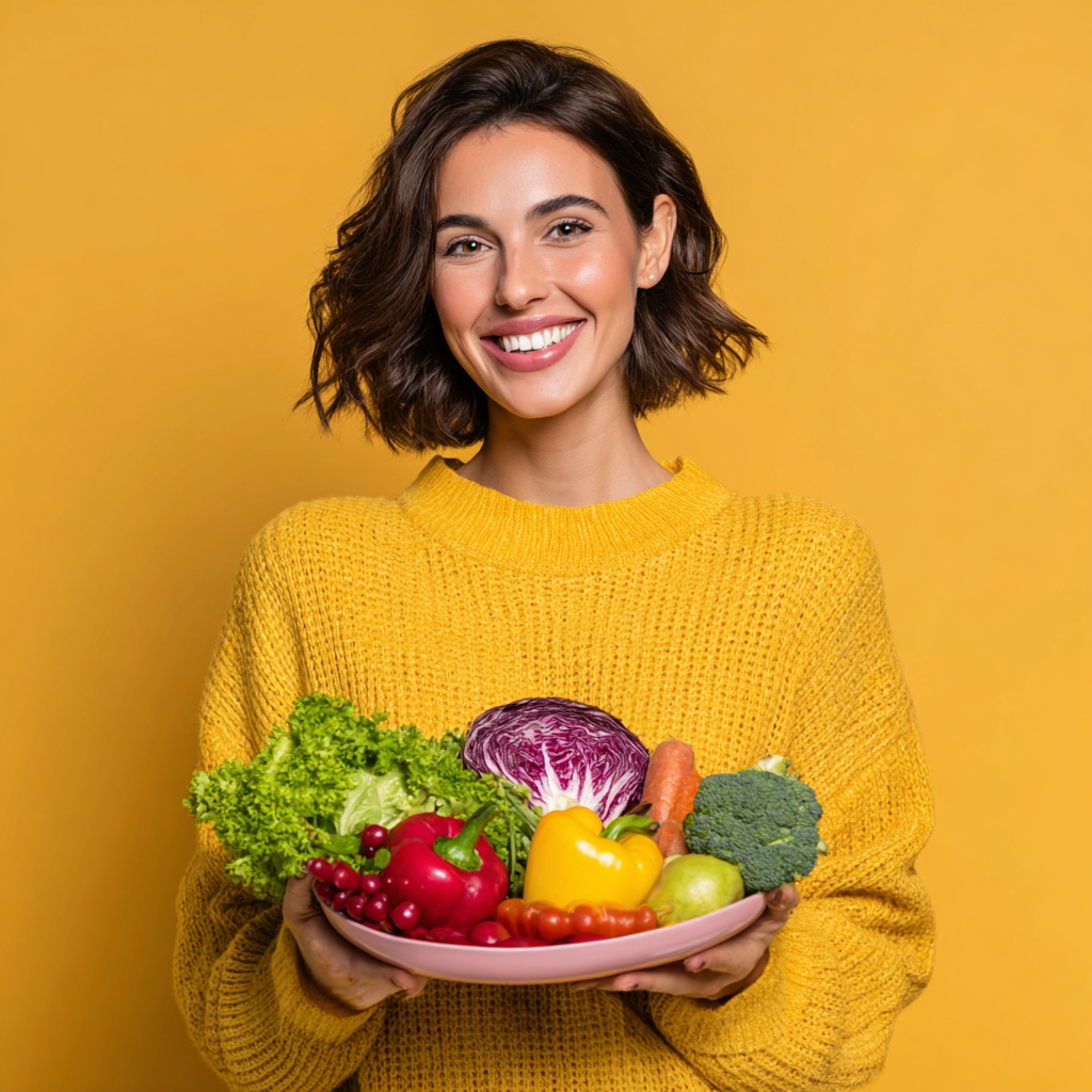 Diverse team of nutritionists in their 30s-40s with European features, smiling confidently in a modern wellness clinic setting with healthy food displays
